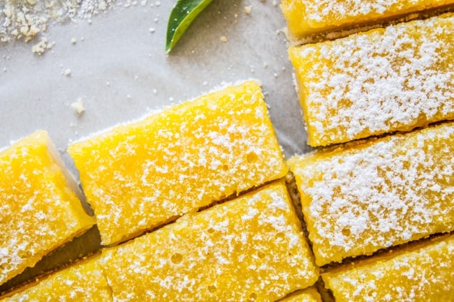 lemon bars cut into rectangular pieces.