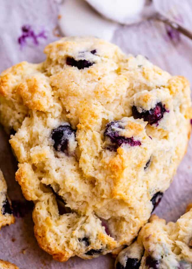 freshly baked blueberry scones on parchment paper.