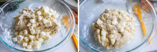 mixing cubes of cream cheese into scone dough.