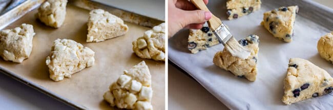 unbaked scones with different mix ins, cut into triangles on baking sheets with parchment. 