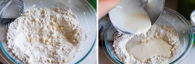 mixing together wet and dry ingredients to make scones.