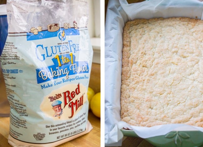 a bag of gluten free flour and a baked gluten free crust.