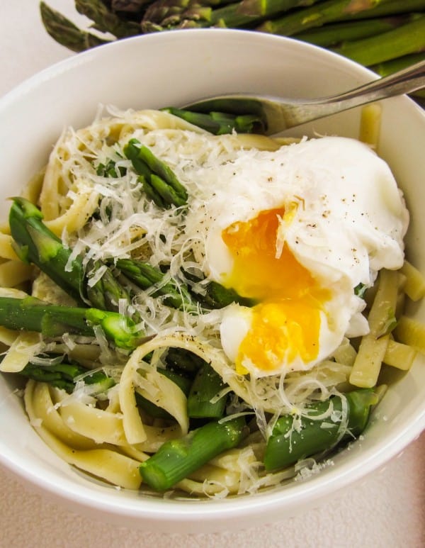 Asparagus and Poached Eggs over Pasta from TheFoodCharlatan.com