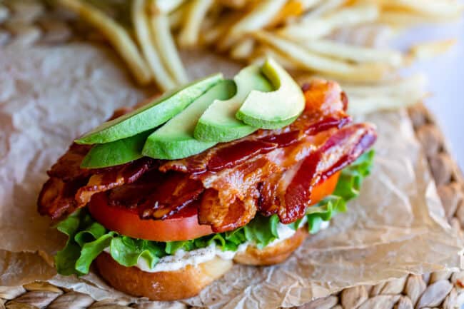 open face BLT recipe with mayo, lettuce, tomato, bacon, avocado