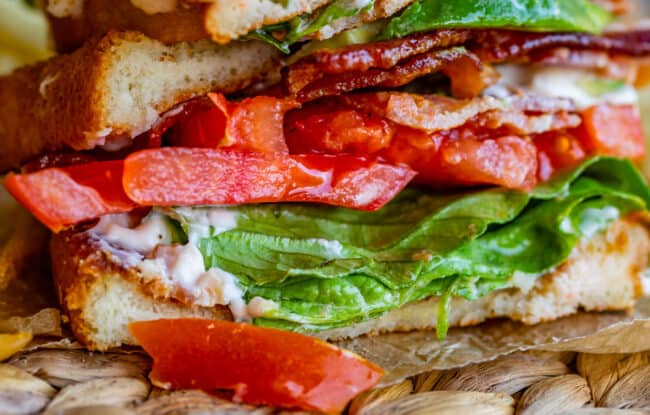 close up photo of sliced BLT sandwich