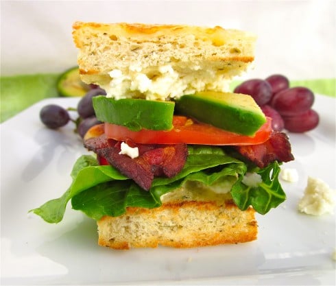 blt sandwich with avocado on focaccia bread