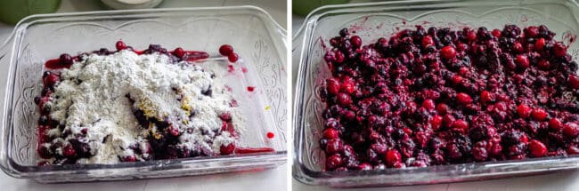mixing dry ingredients into frozen mixed berries showing how to make berry cobbler.