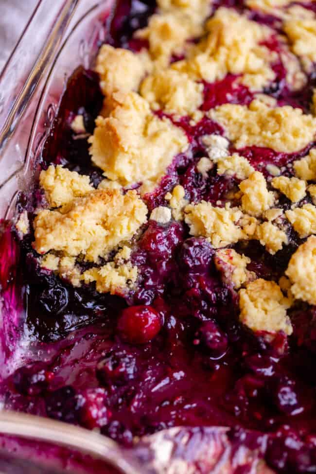 easy berry cobbler in a glass pan.
