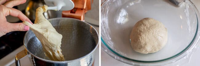 bread dough in a glass bowl covered with plastic wrap.