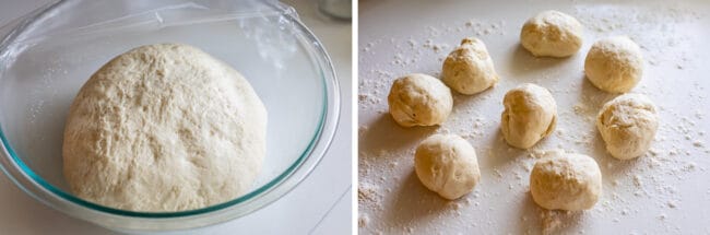 homemade naan bread dough risen in a glass bowl and divided into 8 balls.
