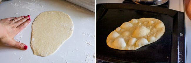 naan bread rolled out and bubbling on a griddle.