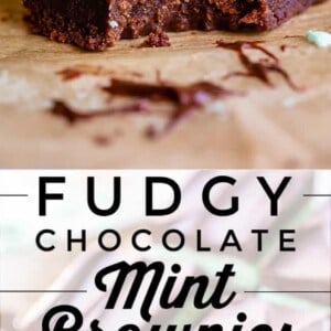 Close-up of mint brownies with a thick chocolate base, creamy green mint layer, and glossy chocolate top, cut into squares and arranged on a wooden surface. Text reads “Fudgy Chocolate Mint Brownies.”.