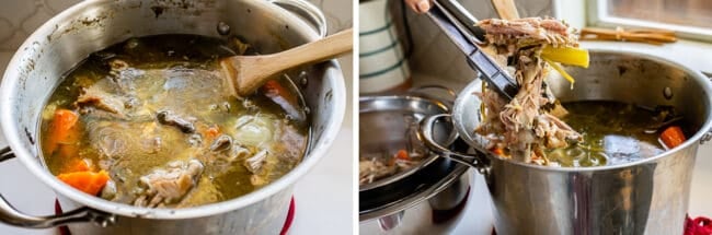 vegetables and carcass inside pot showing how to make turkey stock