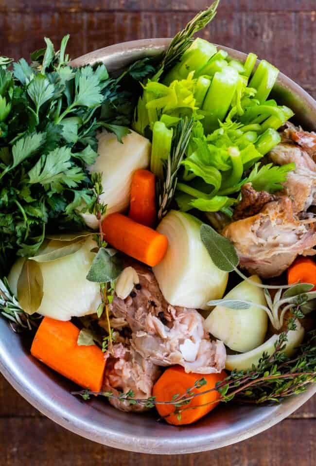 vegetables in stock pot for turkey stock recipe