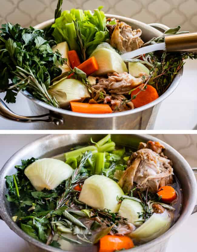 vegetables inside pot showing how to make turkey broth