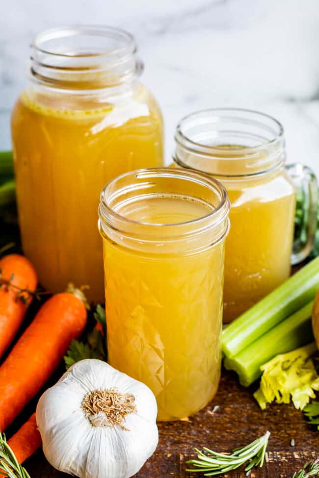 Turkey broth in three different Mason jars