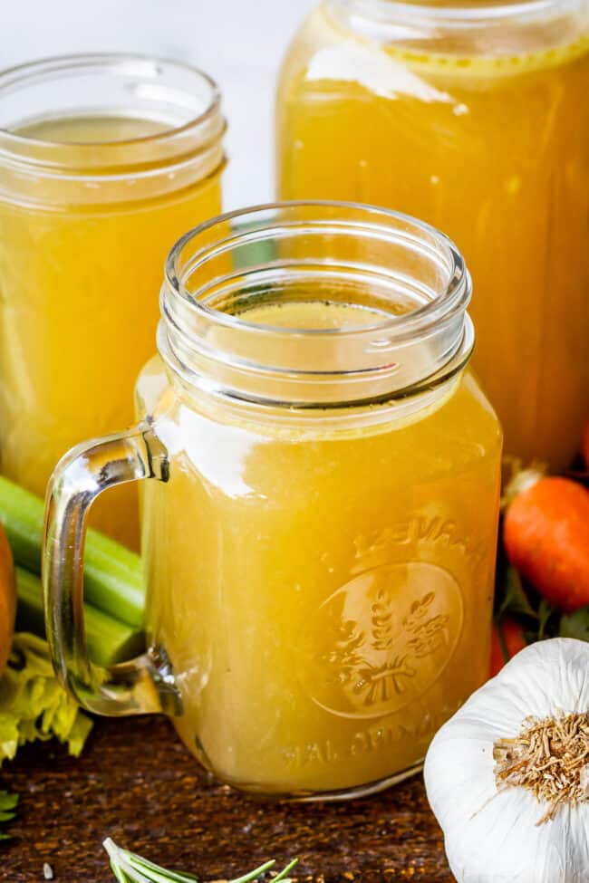 turkey stock inside 3 Mason jars