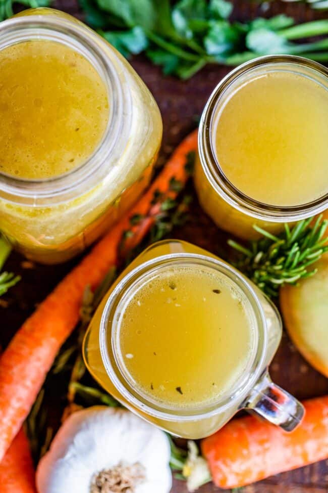 turkey stock recipe showing stock inside Mason jars, top view