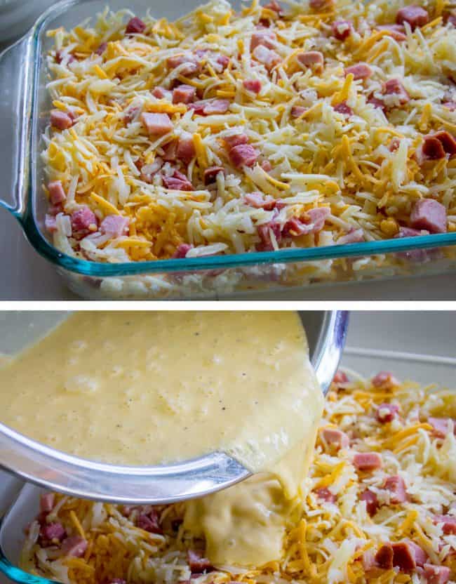 christmas morning casserole with hash browns and ham, uncooked in a dish next to a bowl of egg and cream mixture being poured over the dish