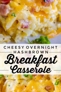 cheesy overnight hashbrown breakfast casserole text on top of image of potato and egg casserole