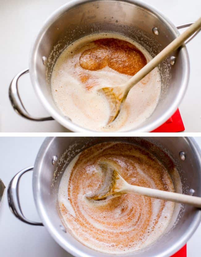 brown butter in a pot, simmering, taking on a caramel color and showing how to make the best brownie recipe