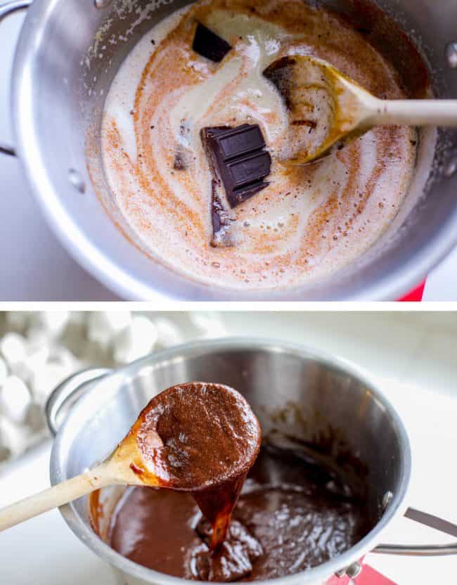 Sticks of chocolate melting into browned butter showing how to make brown butter brownies