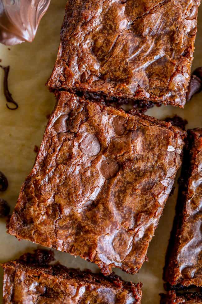 brown butter brownie recipe showing the shiny top of brownie squares 