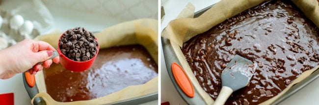 best brownies recipe showing batter in a 9x13 inch pan with a measuring cup of chocolate chips to the side