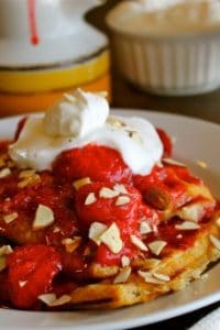 Healthier Almond Waffles with Strawberry-Orange Compote from TheFoodCharlatan.com