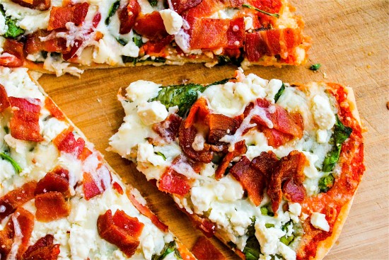 Spinach  Bacon    Feta Pizza with Sun Dried Tomato Sauce - 10