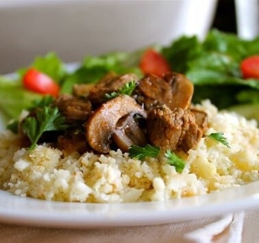 Roasted Balsamic Mushrooms and Beef with Cauliflower Rice (Paleo) from The Food Charlatan