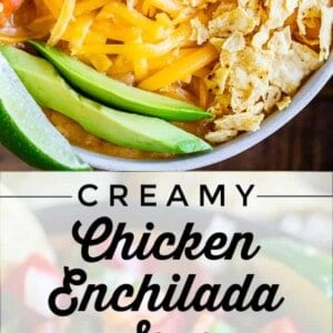 A bowl of creamy chicken enchilada soup topped with shredded cheese, sour cream, tortilla chips, diced tomatoes, cilantro, and lime slices. Bold text reads Creamy Chicken Enchilada Soup.