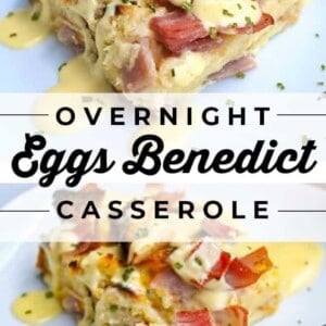 Two slices of eggs benedict casserole topped with diced ham and hollandaise sauce are served on white plates, alongside fluffy 7up biscuits. A fork holds a bite-sized piece. Text overlay reads Overnight Eggs Benedict Casserole.