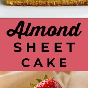 A slice of almond sheet cake with white icing, topped with a fresh strawberry, is shown. The text Almond Sheet Cake appears between two images of the cake, alongside flaky 7up biscuits for a delightful pairing.
