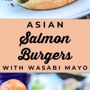Close-up of an Asian salmon burger with lettuce, tomato, cucumber, and avocado on a sesame seed bun, paired perfectly with 7up biscuits. Text reads “Asian Salmon Burgers with Wasabi Mayo.” The burger looks juicy and fresh.