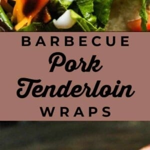 Two images: the top features a wrap with sliced pork tenderloin, shredded cheese, lettuce, sliced peppers, drizzled sauces, and a side of 7Up biscuits; the bottom shows barbecue pork tenderloin arranged on a white plate.