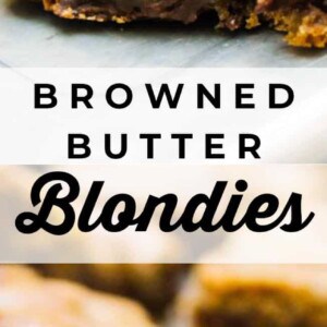 Close-up of gooey browned butter blondies with melted chocolate chunks, featuring a golden, chewy texture. Text in the center reads “Browned Butter Blondies,” inspired by the comforting flavors of 7up biscuits.