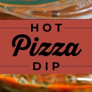 A glass baking dish filled with hot pizza dip, topped with melted cheese, pepperoni, green peppers, and black olives. A scoop is served on a toasted bread round. Text reads: Hot Pizza Dip.