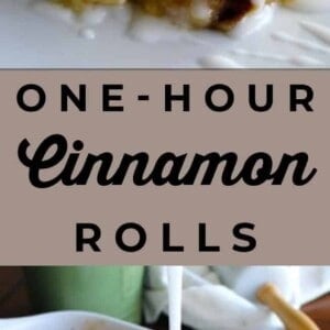 Close-up of a glazed cinnamon roll on a plate above the text "One-Hour Cinnamon Rolls." Below, icing is poured over a pan of freshly baked one hour cinnamon rolls.