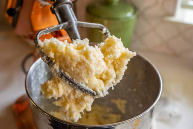 beaten butter and sugar on the paddle of a stand mixer