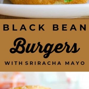 A black bean burger topped with melted cheddar cheese, tomato, and lettuce on a bun, shown from different angles with the text “Black Bean Burgers with Sriracha Mayo” between the images.