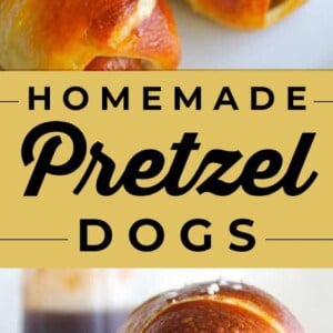 A stack of homemade pretzel dogs topped with coarse salt sits in front of a small bowl of mustard. Text in the center reads, Homemade Pretzel Dogs.