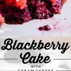 A slice of vibrant red blackberry cake topped with cream cheese coconut frosting and fresh blackberries, with a forkful taken out to showcase its moist texture. Text overlay reads: Blackberry Cake with Cream Cheese Coconut Frosting.