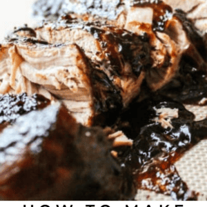 Close-up of juicy, sliced pork covered in a glossy brown sugar balsamic glaze, with text overlay: “Brown Sugar Balsamic Pork – The Food Charlatan.” This savory dish features a rich, flavorful sauce for an unforgettable meal.