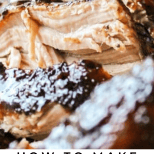 Close-up of juicy, glazed pork slices with a caramelized, dark brown crust, finished with a rich brown sugar balsamic glaze. Text at the bottom reads, “Brown Sugar Balsamic Pork. The Food Charlatan.”.