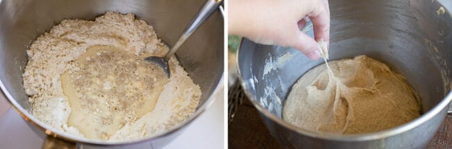 mixing waffle batter in a stand mixer bowl.