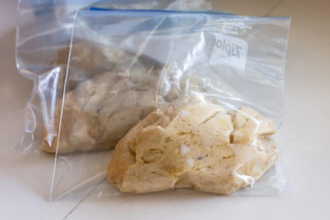 balls of liege waffle dough in plastic bags.