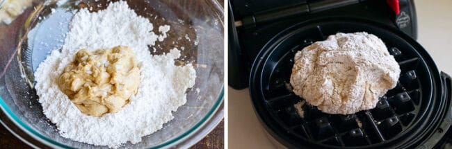 rolling liege waffle dough in powdered sugar and then placing a ball of the dough in a hot waffle iron.