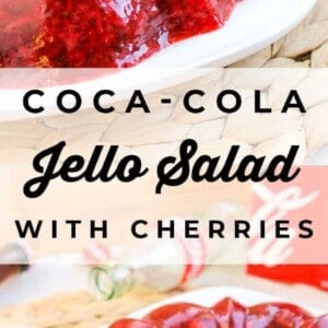 A ring-shaped, glossy red coca cola jello salad with cherries is displayed on a white plate. Text reads Coca-Cola Jello Salad with Cherries. A Coca-Cola bottle and can appear in the blurred background.