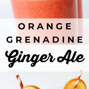 Three tall glasses of a pink-orange June Bug drink, garnished with orange slices and red-and-white striped straws. Text reads “Orange Grenadine Ginger Ale.” The glasses rest on a white surface.